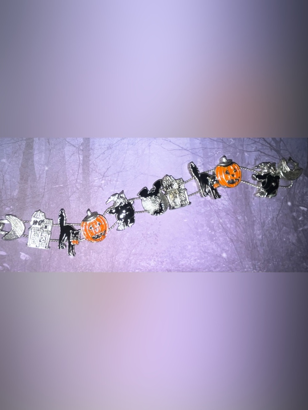 Vintage TOFA Halloween Slide Bracelet Black Cat Witch Pumpkin Bats